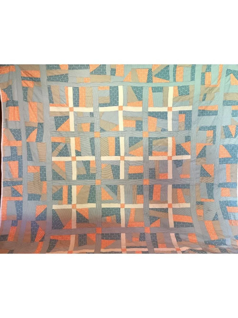 Vintage 1970's Polyester Strip Abstract Graphic Quilt Blanket Retro Style 98x94